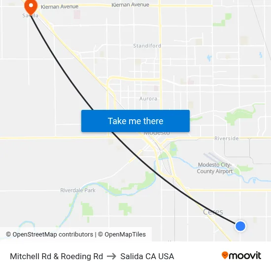 Mitchell Rd & Roeding Rd to Salida CA USA map