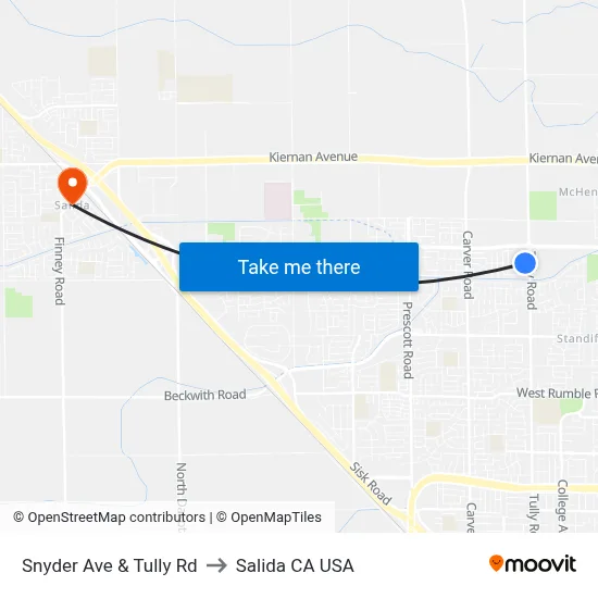 Snyder Ave & Tully Rd to Salida CA USA map
