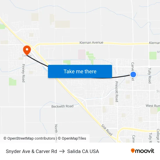 Snyder Ave & Carver Rd to Salida CA USA map