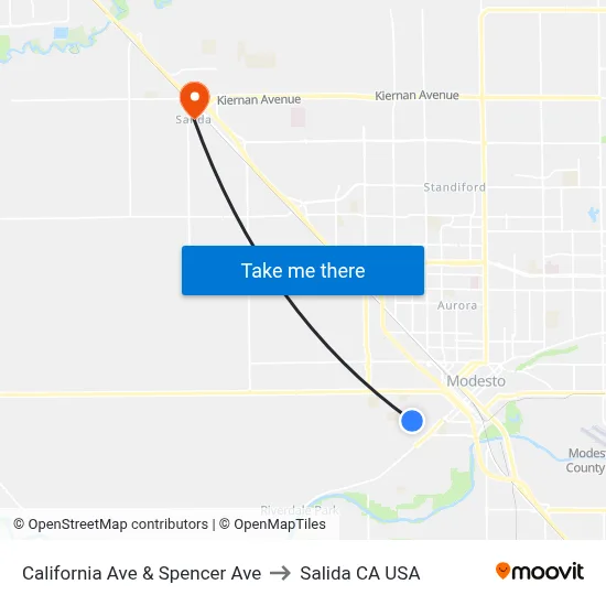 California Ave & Spencer Ave to Salida CA USA map