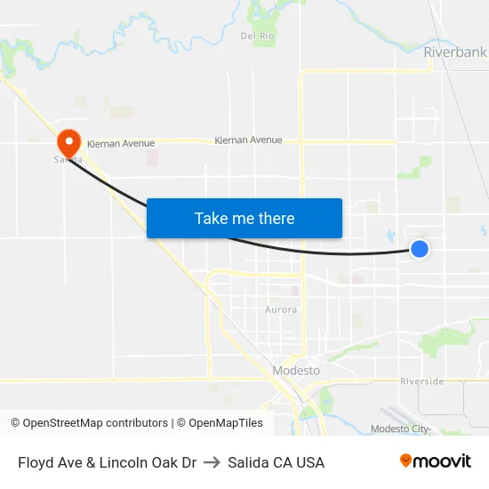 Floyd Ave & Lincoln Oak Dr to Salida CA USA map