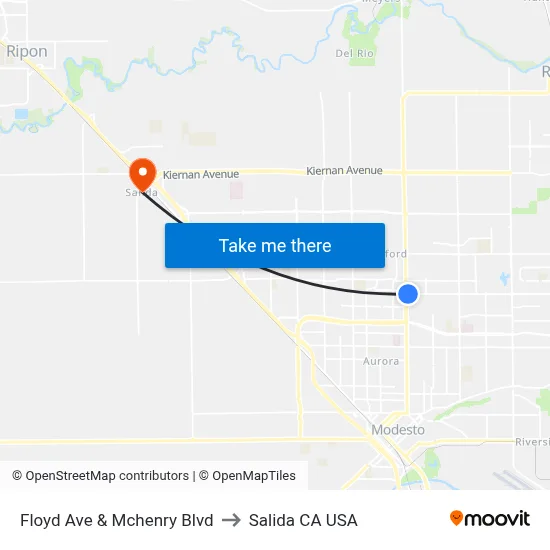Floyd Ave & Mchenry Blvd to Salida CA USA map