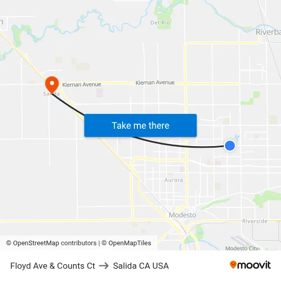Floyd Ave & Counts Ct to Salida CA USA map