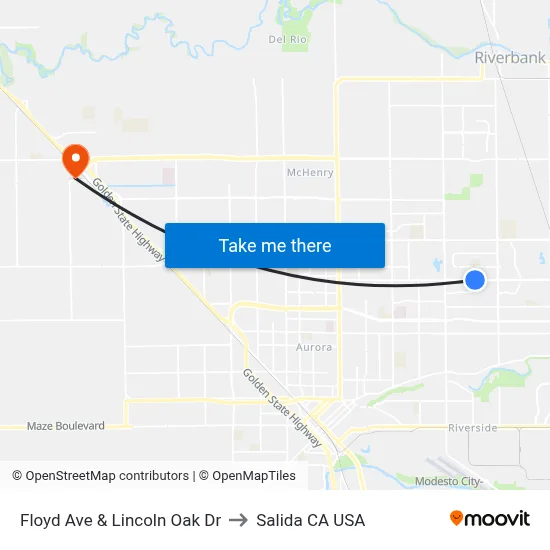 Floyd Ave & Lincoln Oak Dr to Salida CA USA map