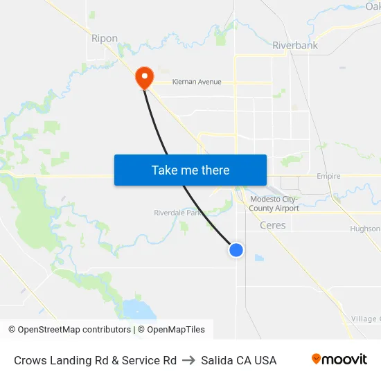Crows Landing Rd & Service Rd to Salida CA USA map