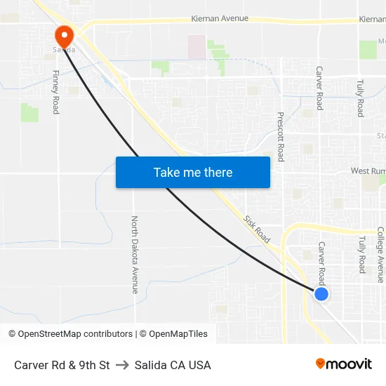 Carver Rd & 9th St to Salida CA USA map