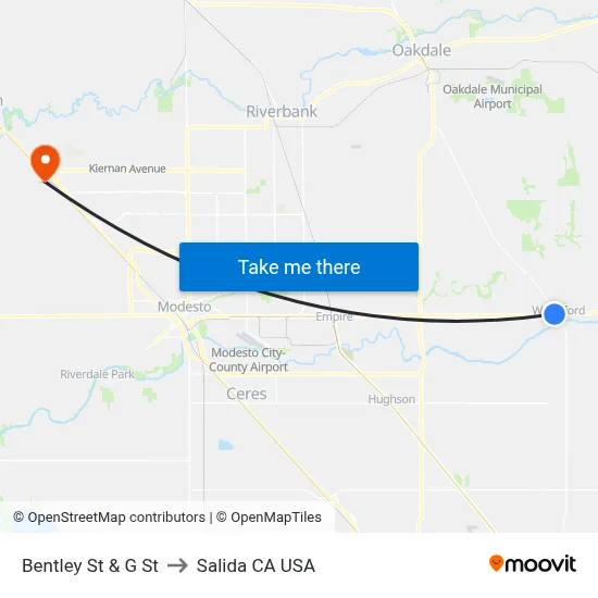 Bentley St & G St to Salida CA USA map