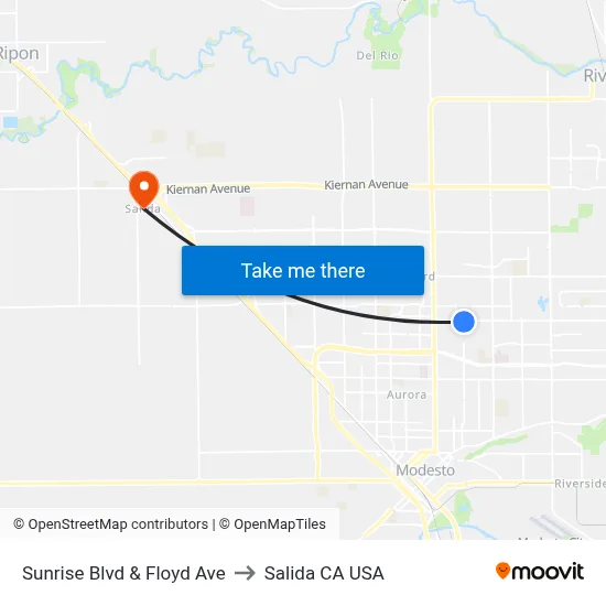 Sunrise Blvd & Floyd Ave to Salida CA USA map