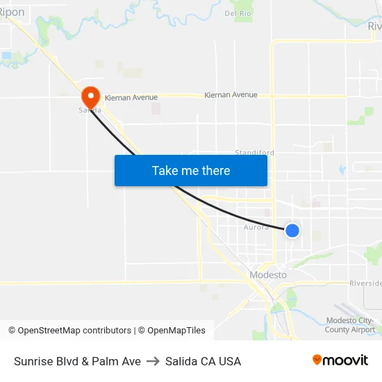 Sunrise Blvd & Palm Ave to Salida CA USA map