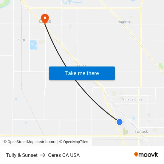 Tully & Sunset to Ceres CA USA map