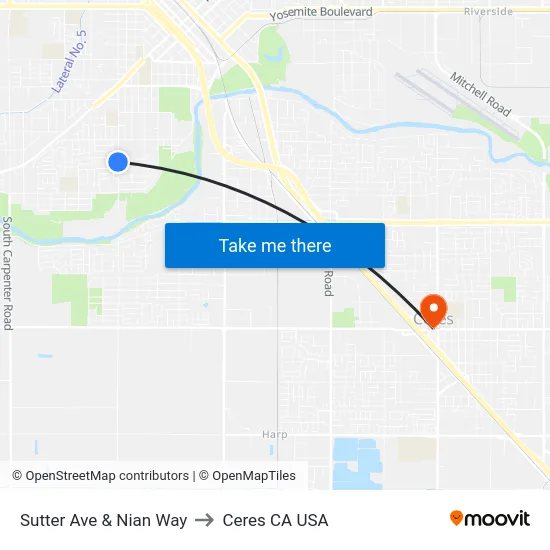 Sutter Ave & Nian Way to Ceres CA USA map