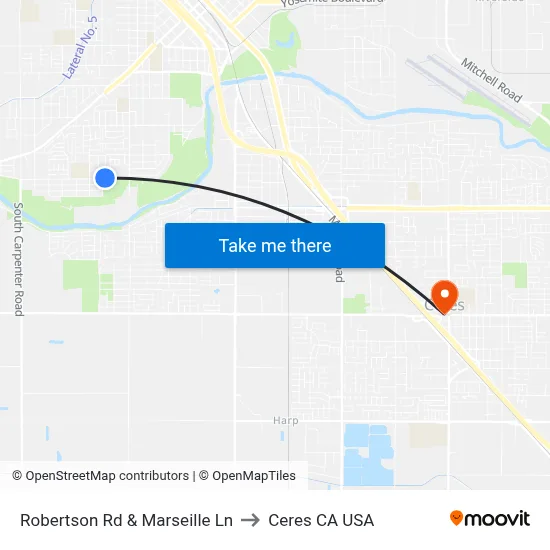 Robertson Rd & Marseille Ln to Ceres CA USA map