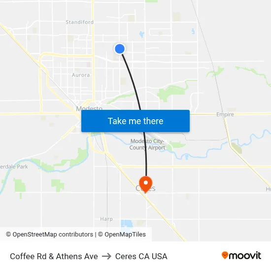 Coffee Rd & Athens Ave to Ceres CA USA map