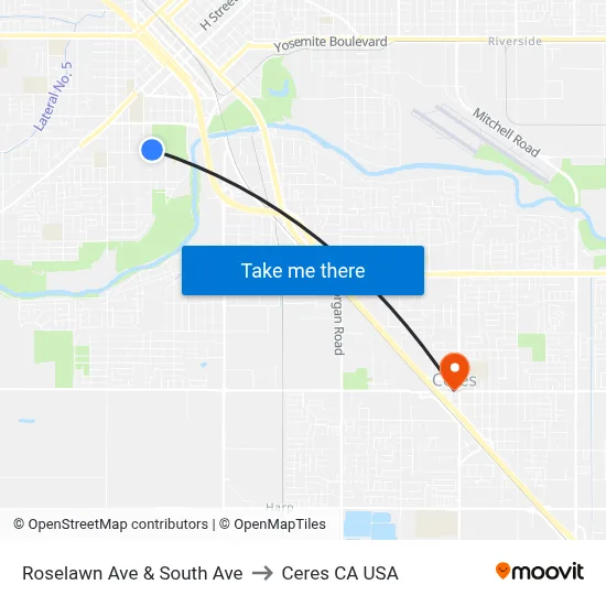 Roselawn Ave & South Ave to Ceres CA USA map