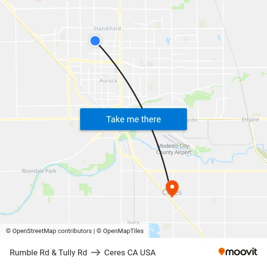 Rumble Rd & Tully Rd to Ceres CA USA map