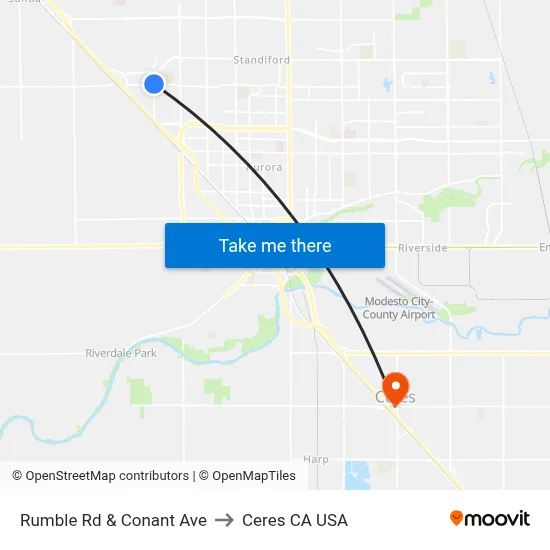 Rumble Rd & Conant Ave to Ceres CA USA map