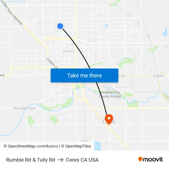 Rumble Rd & Tully Rd to Ceres CA USA map