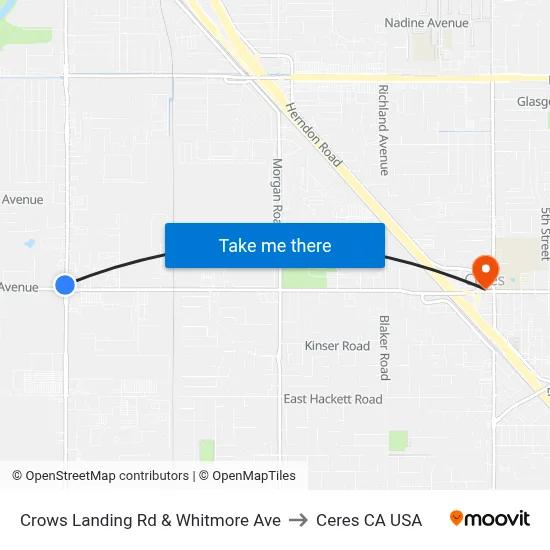 Crows Landing Rd & Whitmore Ave to Ceres CA USA map