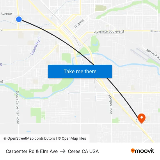 Carpenter Rd & Elm Ave to Ceres CA USA map