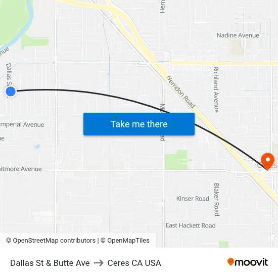Dallas St & Butte Ave to Ceres CA USA map