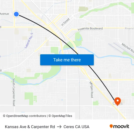 Kansas Ave & Carpenter Rd to Ceres CA USA map