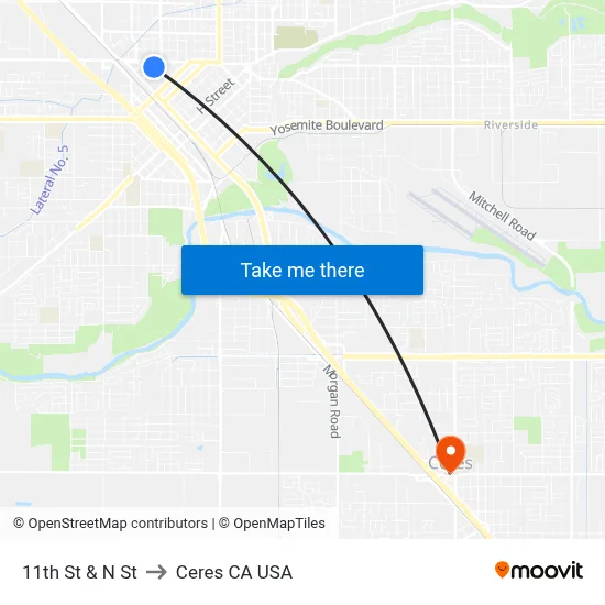 11th St & N St to Ceres CA USA map