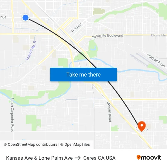 Kansas Ave & Lone Palm Ave to Ceres CA USA map