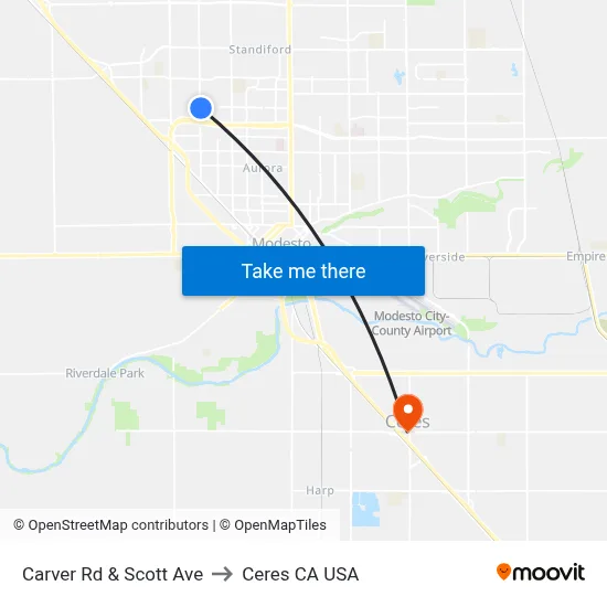 Carver Rd & Scott Ave to Ceres CA USA map