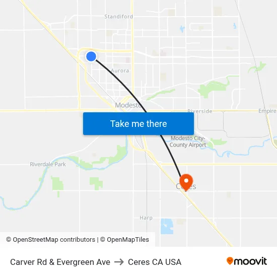 Carver Rd & Evergreen Ave to Ceres CA USA map