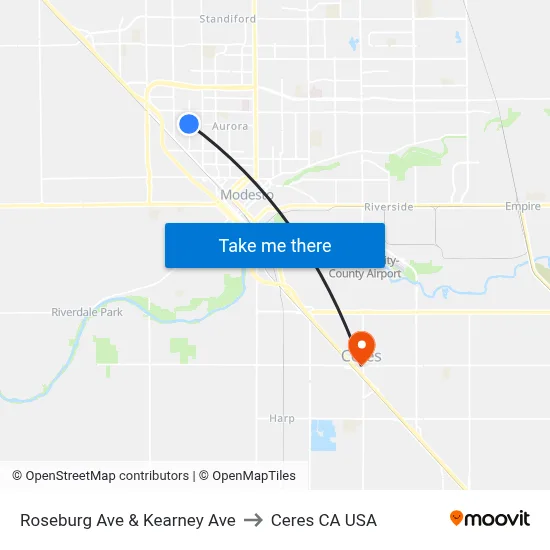 Roseburg Ave & Kearney Ave to Ceres CA USA map
