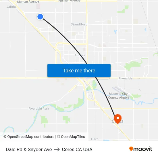 Dale Rd & Snyder Ave to Ceres CA USA map