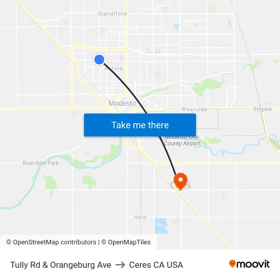 Tully Rd & Orangeburg Ave to Ceres CA USA map
