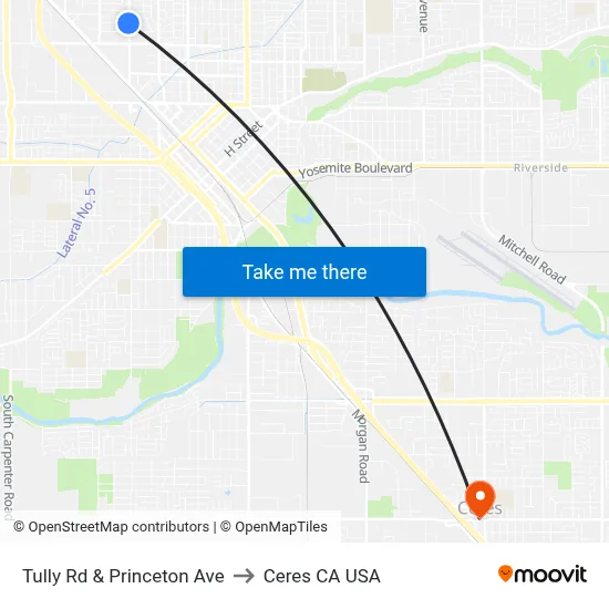 Tully Rd & Princeton Ave to Ceres CA USA map