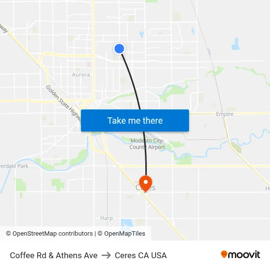 Coffee Rd & Athens Ave to Ceres CA USA map