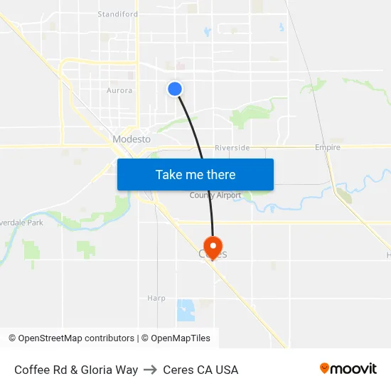 Coffee Rd & Gloria Way to Ceres CA USA map