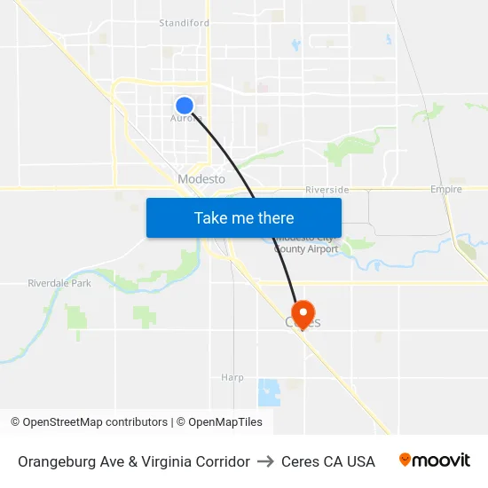 Orangeburg Ave & Virginia Corridor to Ceres CA USA map