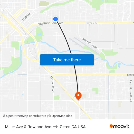 Miller Ave & Rowland Ave to Ceres CA USA map