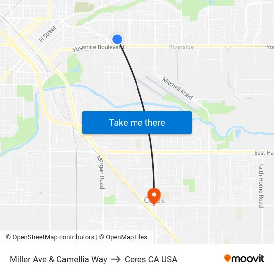 Miller Ave & Camellia Way to Ceres CA USA map