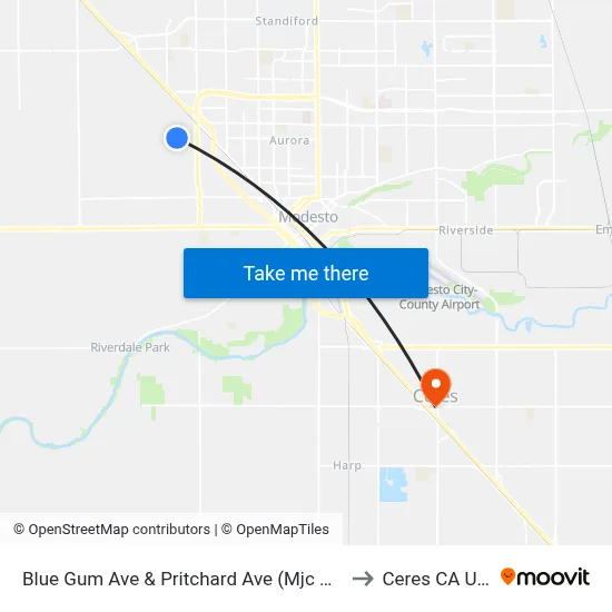 Blue Gum Ave & Pritchard Ave (Mjc West) to Ceres CA USA map