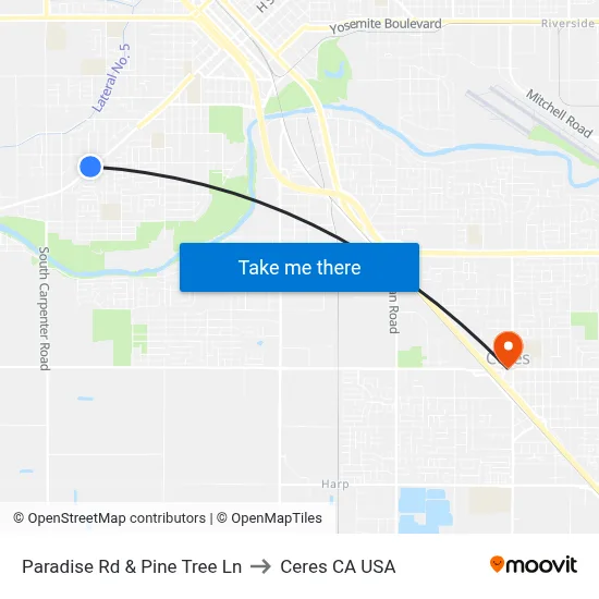 Paradise Rd & Pine Tree Ln to Ceres CA USA map