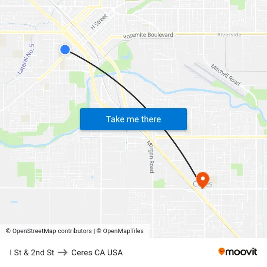 I St & 2nd St to Ceres CA USA map