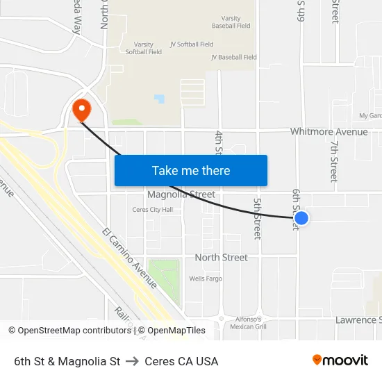 6th St & Magnolia St to Ceres CA USA map