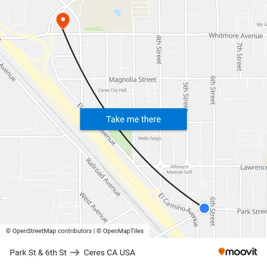 Park St & 6th St to Ceres CA USA map