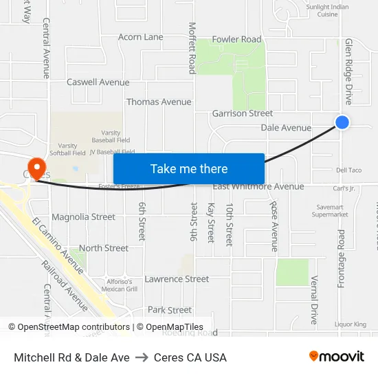 Mitchell Rd & Dale Ave to Ceres CA USA map