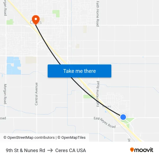 9th St & Nunes Rd to Ceres CA USA map