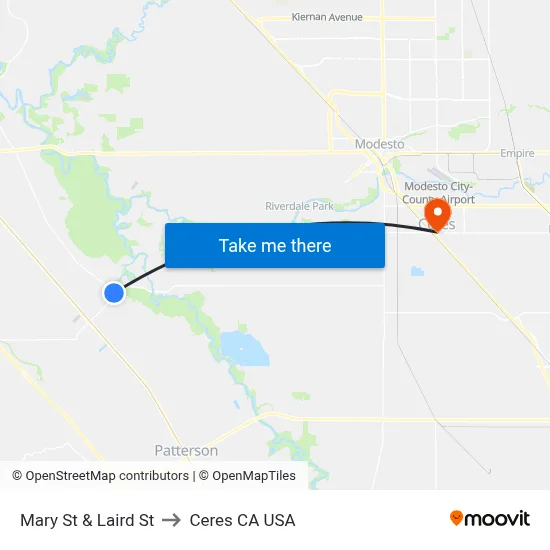 Mary St & Laird St to Ceres CA USA map