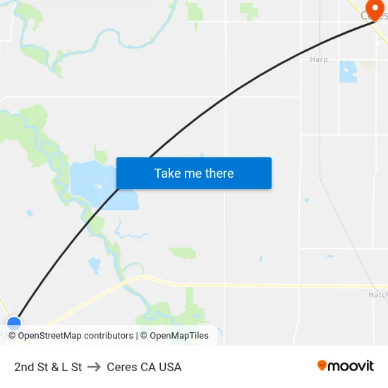 2nd St & L St to Ceres CA USA map