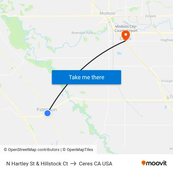N Hartley St & Hillstock Ct to Ceres CA USA map