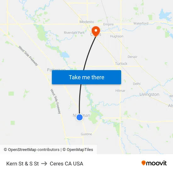 Kern St & S St to Ceres CA USA map