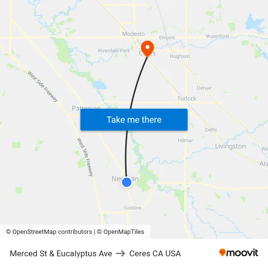 Merced St & Eucalyptus Ave to Ceres CA USA map